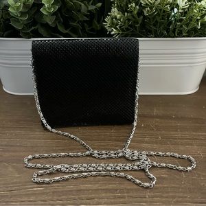 Whiting & Davis Mesh Purse Black, 5”x4.5”, Silver Chain Strap 22” Drop, Patent